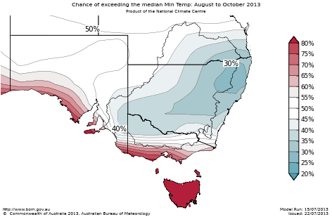 Probability of exceeding median minimum temperature - click on the map for a larger version