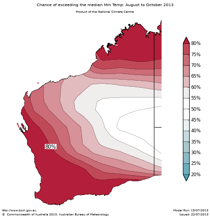Probability of exceeding median minimum temperature - click on the map for a larger version