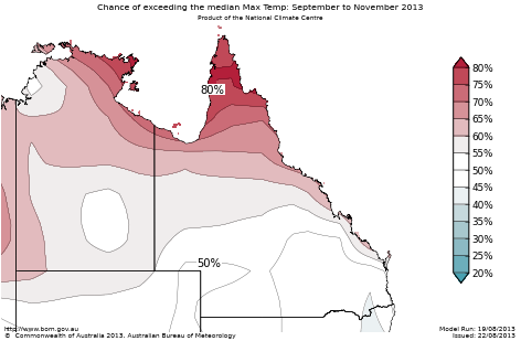 Probability of exceeding median maximum temperature - click on the map for a larger version