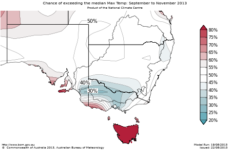 Probability of exceeding median maximum temperature - click on the map for a larger version