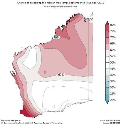 Probability of exceeding median maximum temperature - click on the map for a larger version