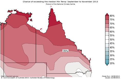 Probability of exceeding median minimum temperature - click on the map for a larger version