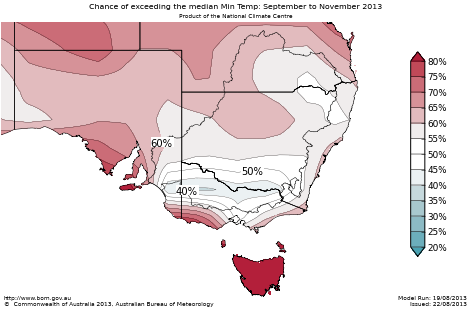 Probability of exceeding median minimum temperature - click on the map for a larger version