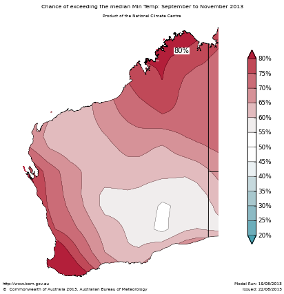 Probability of exceeding median minimum temperature - click on the map for a larger version