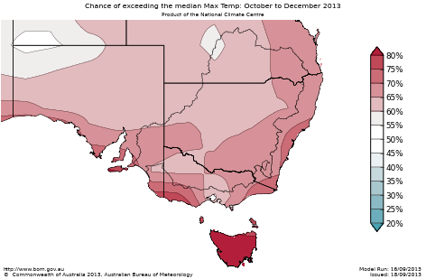 Probability of exceeding median maximum temperature - click on the map for a larger version