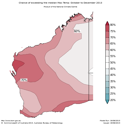 Probability of exceeding median maximum temperature - click on the map for a larger version