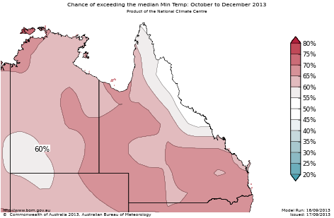 Probability of exceeding median minimum temperature - click on the map for a larger version