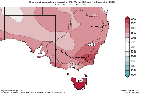 Probability of exceeding median minimum temperature - click on the map for a larger version