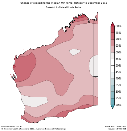 Probability of exceeding median minimum temperature - click on the map for a larger version