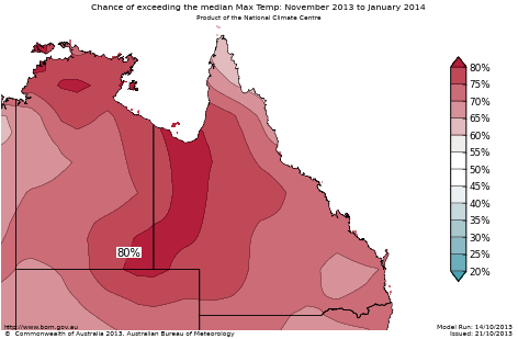 Probability of exceeding median maximum temperature - click on the map for a larger version