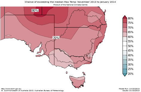 Probability of exceeding median maximum temperature - click on the map for a larger version
