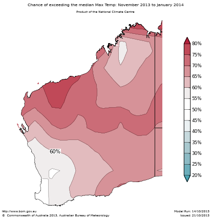 Probability of exceeding median maximum temperature - click on the map for a larger version
