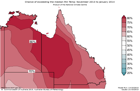 Probability of exceeding median minimum temperature - click on the map for a larger version