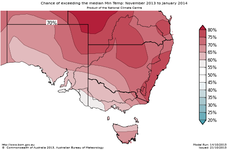 Probability of exceeding median minimum temperature - click on the map for a larger version