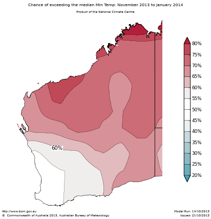 Probability of exceeding median minimum temperature - click on the map for a larger version