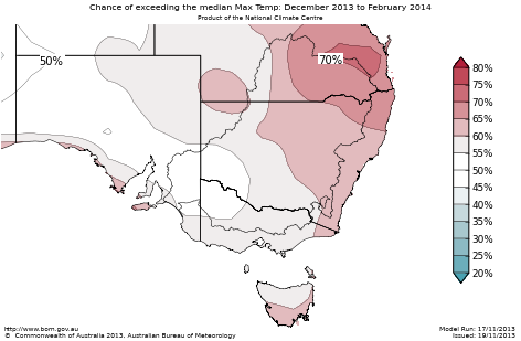 Probability of exceeding median maximum temperature - click on the map for a larger version