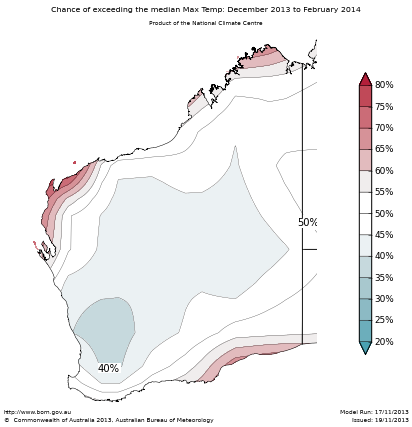 Probability of exceeding median maximum temperature - click on the map for a larger version