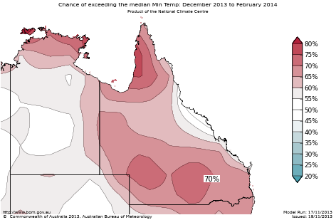 Probability of exceeding median minimum temperature - click on the map for a larger version