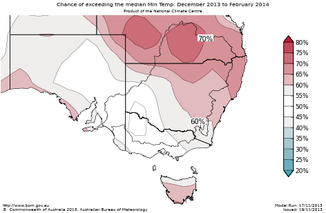 Probability of exceeding median minimum temperature - click on the map for a larger version