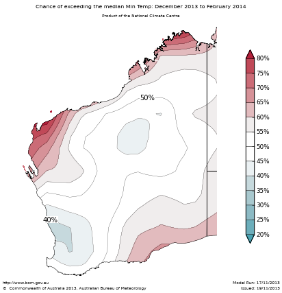 Probability of exceeding median minimum temperature - click on the map for a larger version