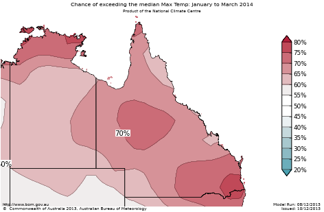 Probability of exceeding median maximum temperature - click on the map for a larger version