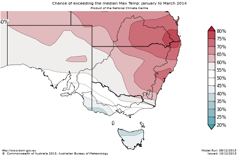 Probability of exceeding median maximum temperature - click on the map for a larger version