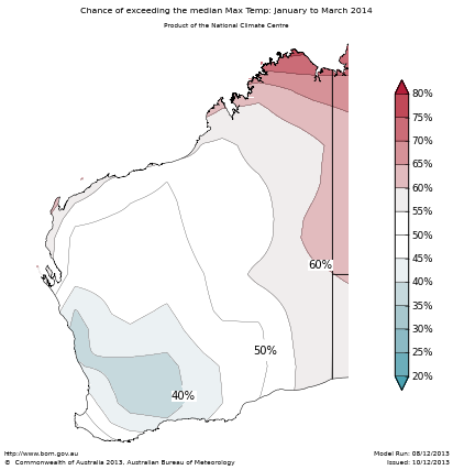 Probability of exceeding median maximum temperature - click on the map for a larger version