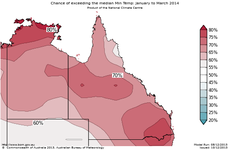 Probability of exceeding median minimum temperature - click on the map for a larger version