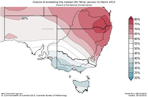 Probability of exceeding median minimum temperature - click on the map for a larger version
