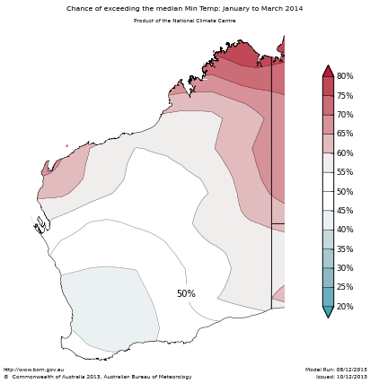 Probability of exceeding median minimum temperature - click on the map for a larger version