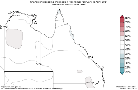 Probability of exceeding median maximum temperature - click on the map for a larger version