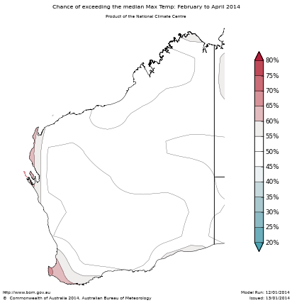 Probability of exceeding median maximum temperature - click on the map for a larger version