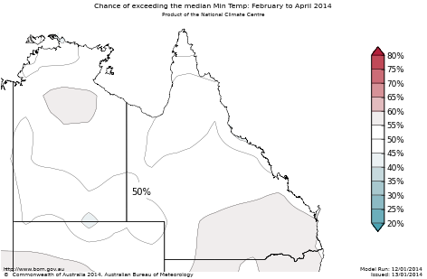 Probability of exceeding median minimum temperature - click on the map for a larger version