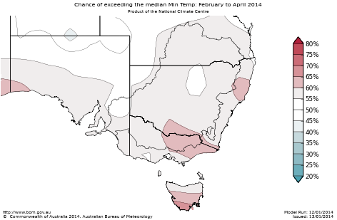 Probability of exceeding median minimum temperature - click on the map for a larger version