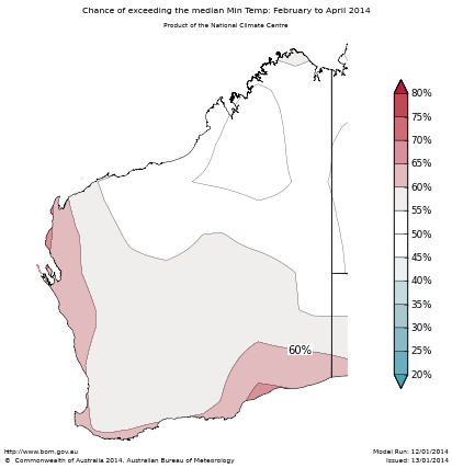 Probability of exceeding median minimum temperature - click on the map for a larger version