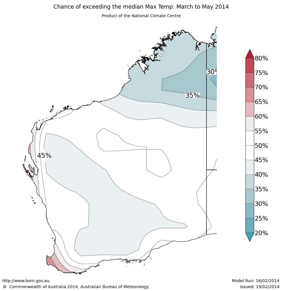 Probability of exceeding median maximum temperature, larger view