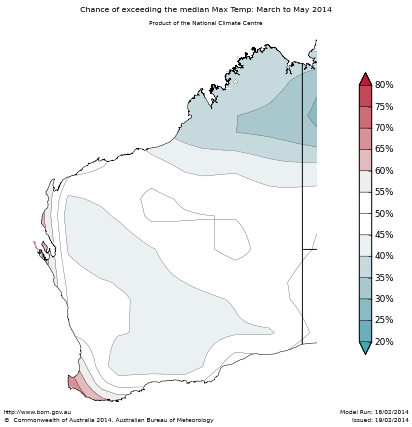 Probability of exceeding median maximum temperature - click on the map for a larger version