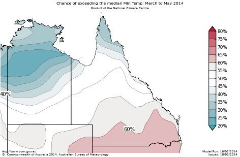 Probability of exceeding median minimum temperature - click on the map for a larger version