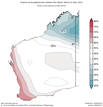 Probability of exceeding median minimum temperature - click on the map for a larger version