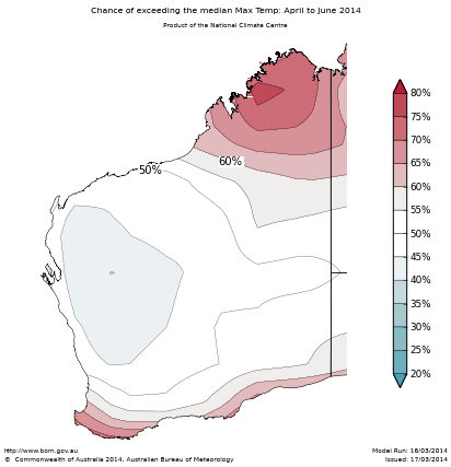 Probability of exceeding median maximum temperature - click on the map for a larger version