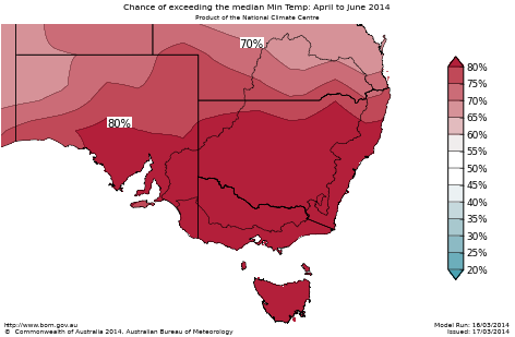 Probability of exceeding median minimum temperature - click on the map for a larger version