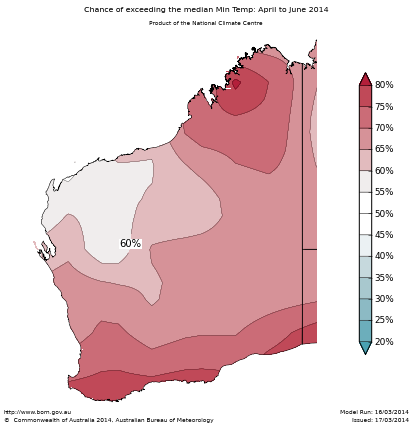 Probability of exceeding median minimum temperature - click on the map for a larger version