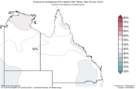 Probability of exceeding median maximum temperature - click on the map for a larger version