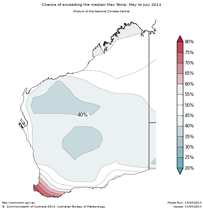 Probability of exceeding median maximum temperature - click on the map for a larger version