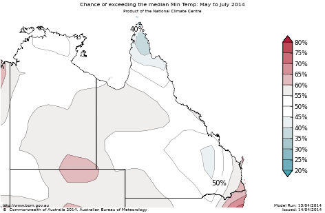 Probability of exceeding median minimum temperature - click on the map for a larger version