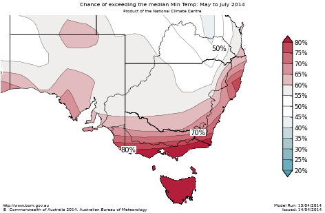 Probability of exceeding median minimum temperature - click on the map for a larger version