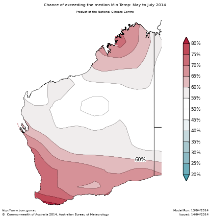 Probability of exceeding median minimum temperature - click on the map for a larger version