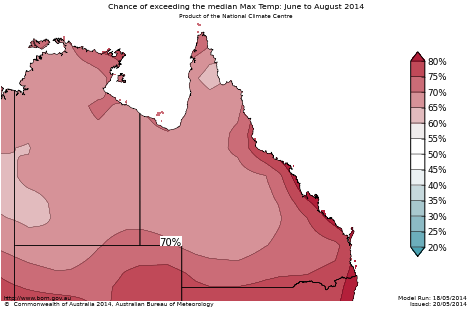 Probability of exceeding median maximum temperature - click on the map for a larger version