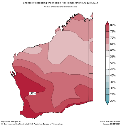 Probability of exceeding median maximum temperature - click on the map for a larger version