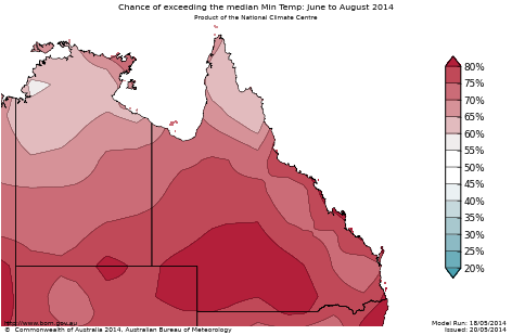 Probability of exceeding median minimum temperature - click on the map for a larger version